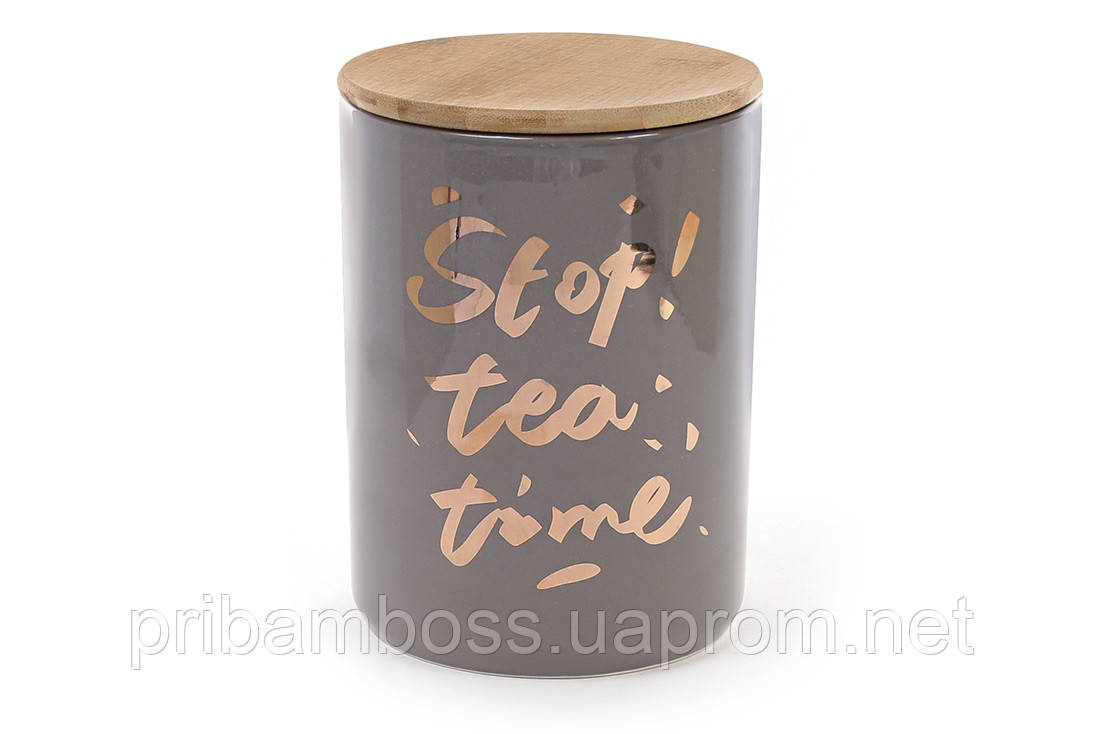 Банку фарфорова з бамбуковою кришкою Tea time, колір - сірий з золотом
