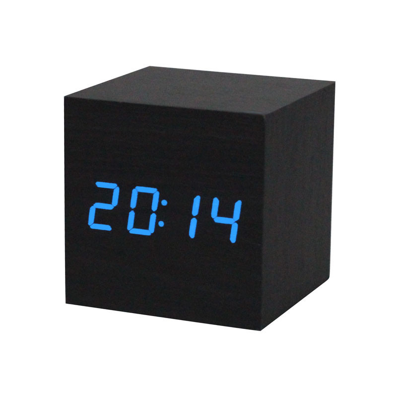 Годинник-будильник-термометр сині цифри "Дерев'яний куб" 3 кольори корпусу