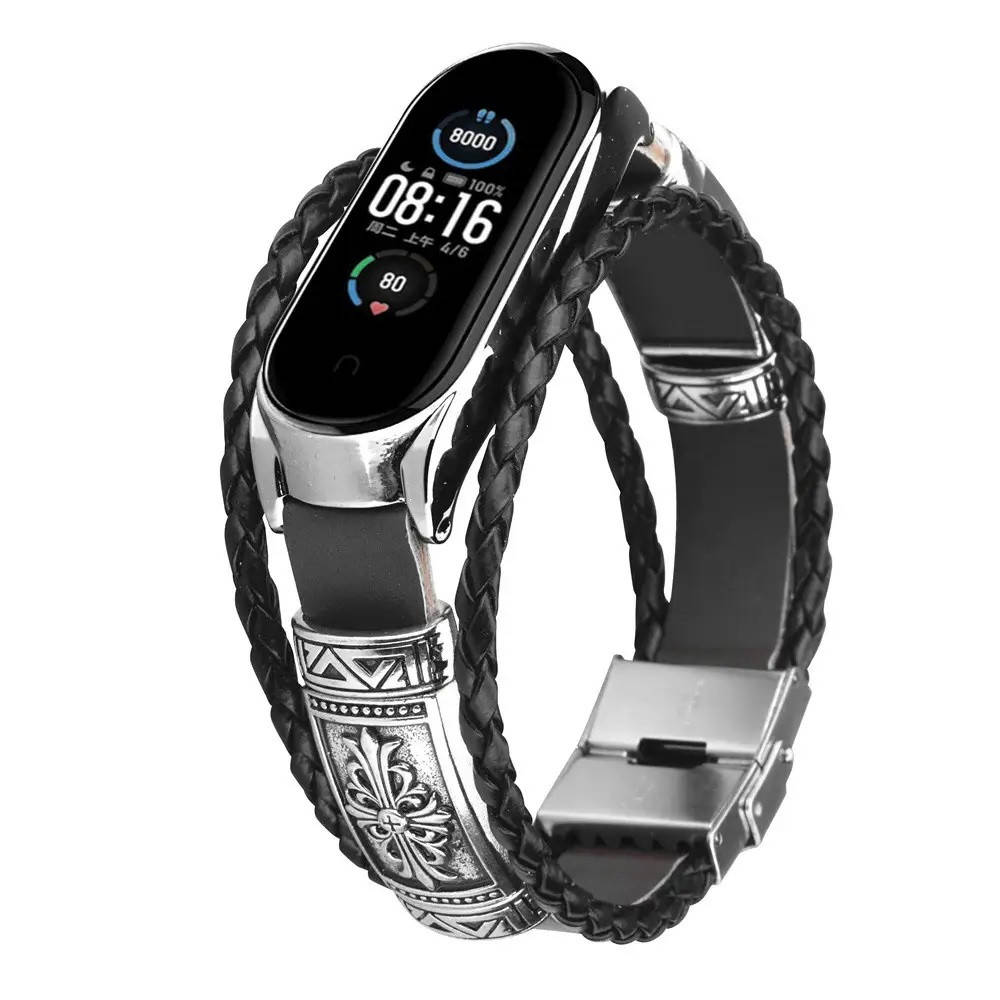 

Ремешок винтажный для фитнес-браслета Xiaomi Mi Band 5 и 6 Type D Black-silver