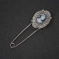 Брошка шпилька Камея стразова рамка колір металу "срібло" 8см купити біжутерію дешево оптом в інтернеті