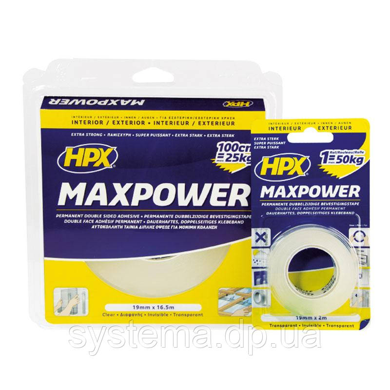 HPX Високоміцна двостороння і прозора стрічка MAXPOWER 19 мм х 16.5 м