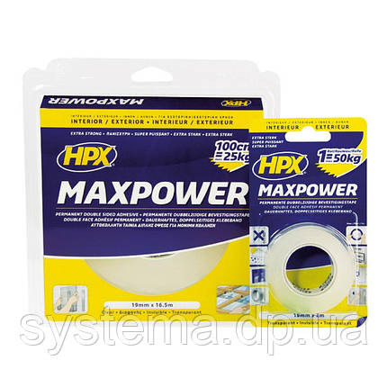 HPX Високоміцна двостороння і прозора стрічка MAXPOWER 19 мм х 16.5 м, фото 1