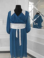 Платье шифоновое синее в белый горох с белым поясом и белым воротником нарядное большого размера 56-58