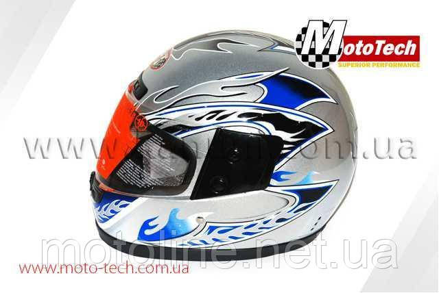 Шолом WLT-106 сірий із синім полум'ям MotoTech