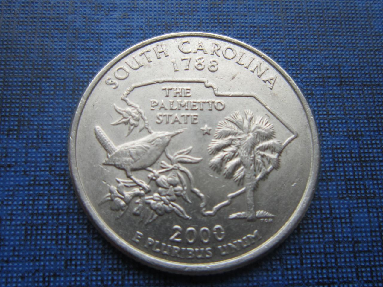 Монета квотер 25 центов США 2000 D Южная Каролина птица пальма цветы - фото 1 - id-p385928360
