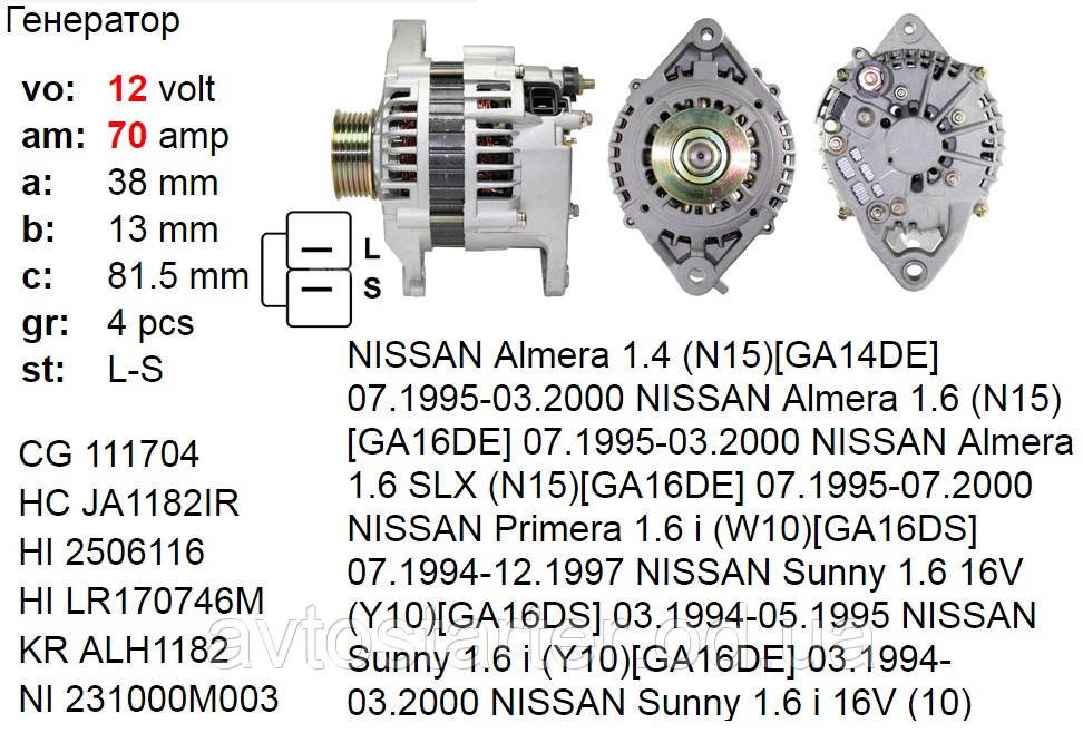 Генератор б/к NISSAN Almera Primera Sunny 1.4 1.6 N15 W10 Y10L, фото 1