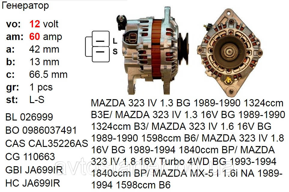 Генератор б/у MAZDA 323 626 929 MX-5 1.3 1.4 1.6 1.8 2.2, фото 1