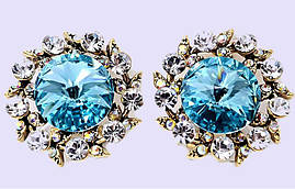 Сережки з кристалами, білого та бірюзового кольору. Позолота. Діаметр: 19 мм. Італійська застібка.