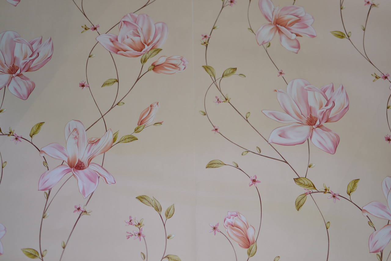Кремовые бежевые обои для стен бумажные светлые с белыми розовыми цветами 0,53*10м - фото 3 - id-p554216143