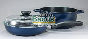 Набір посуду 3 ст. (каструля 3 л 22 см, сковорода 22 см, кришка скляна 22 см) антипригар "Індиго" Біол (I22PC)