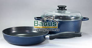 Набір посуду 3 ст. (каструля 4 л 24 см, сковорода 24 см, кришка скляна 24 см) антипригар "Індиго" Біол (I24PC)