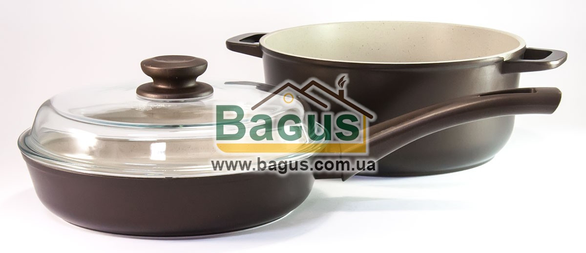 Набір посуду 3 ст. (каструля 3 л 22 см, сковорода 22 см, кришка скляна 22 см) антипригар "Моко" Біол (M22PC)