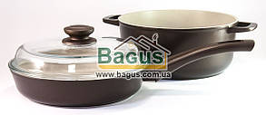 Набір посуду 3 ст. (каструля 3 л 22 см, сковорода 22 см, кришка скляна 22 см) антипригар "Моко" Біол (M22PC)