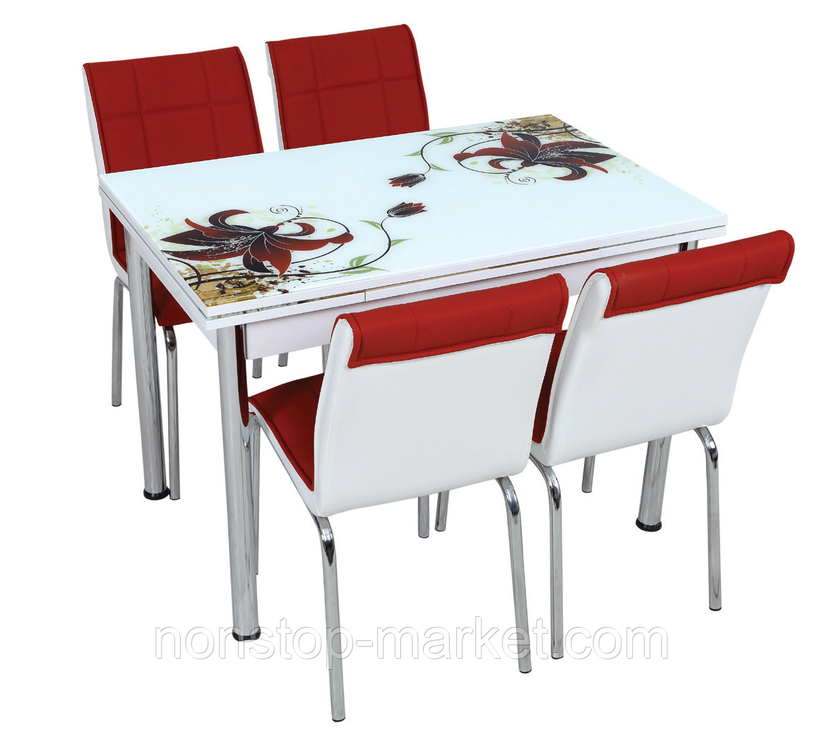 Раскладной стол обеденный кухонный комплект стол и стулья рисунок 3д "Красная лилия" ДСП стекло 70*110 Лотос-М - фото 1 - id-p555488453