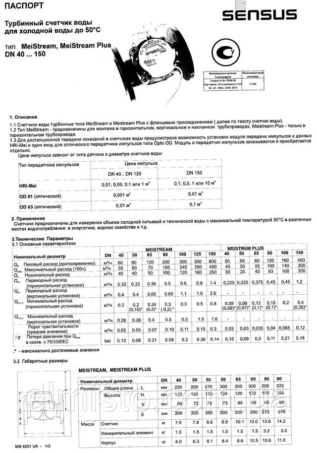 Паспорт водяного счетчика SENSUS MeiStream 50/50° Паспорт водяного счетчика SENSUS MeiStream 50/50°