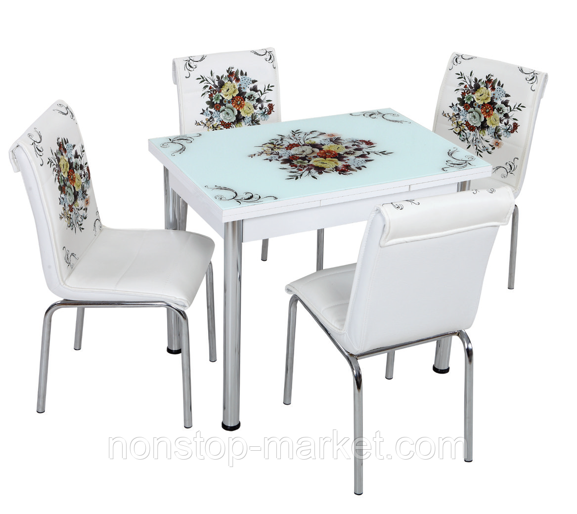 Раскладной стол обеденный кухонный комплект стол и стулья рисунок 3д "Контрастный букет" стекло 60*90 Mobilgen - фото 1 - id-p555649750