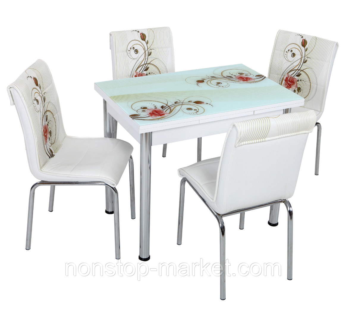 Раскладной стол обеденный кухонный комплект стол и стулья рисунок 3д "Кремовая роза" ДСП стекло 60*90 Лотос-М - фото 5 - id-p555650746