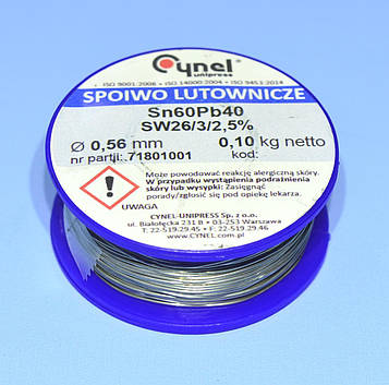 Припій з флюсом Cynel d0.56мм Sn60Pb40 бухта-0.10кг LUT0104-100