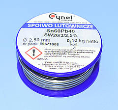 Припій з флюсом Cynel d2.5мм Sn60Pb40 бухта-0,10кг LUT00102-100