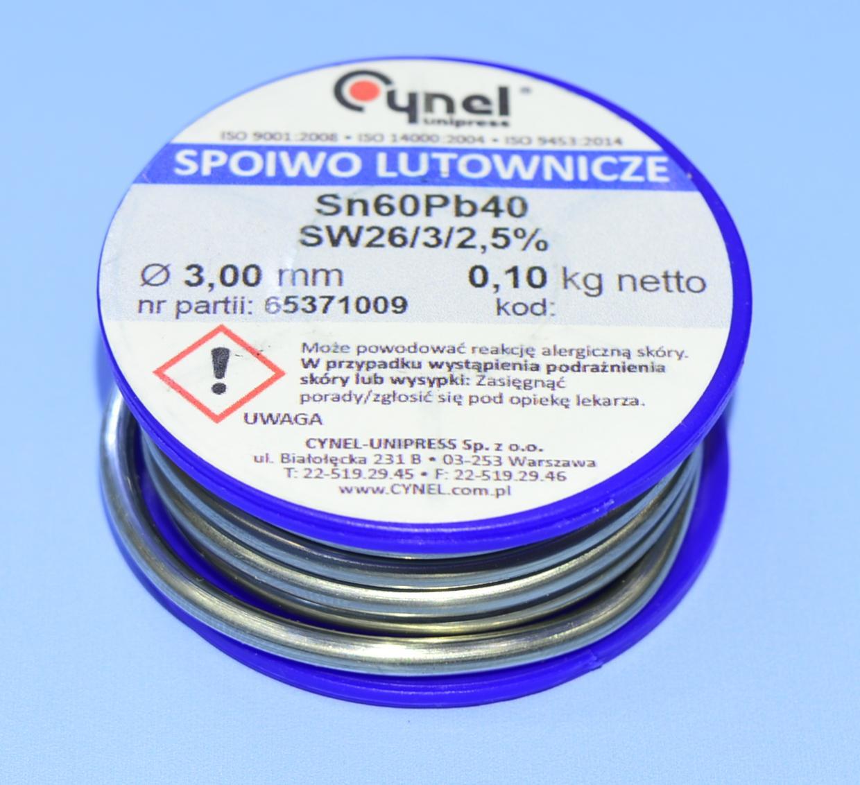 Припій з флюсом Cynel d3.0мм Sn60Pb40 бухта-0,10кг LUT0112-100, фото 1
