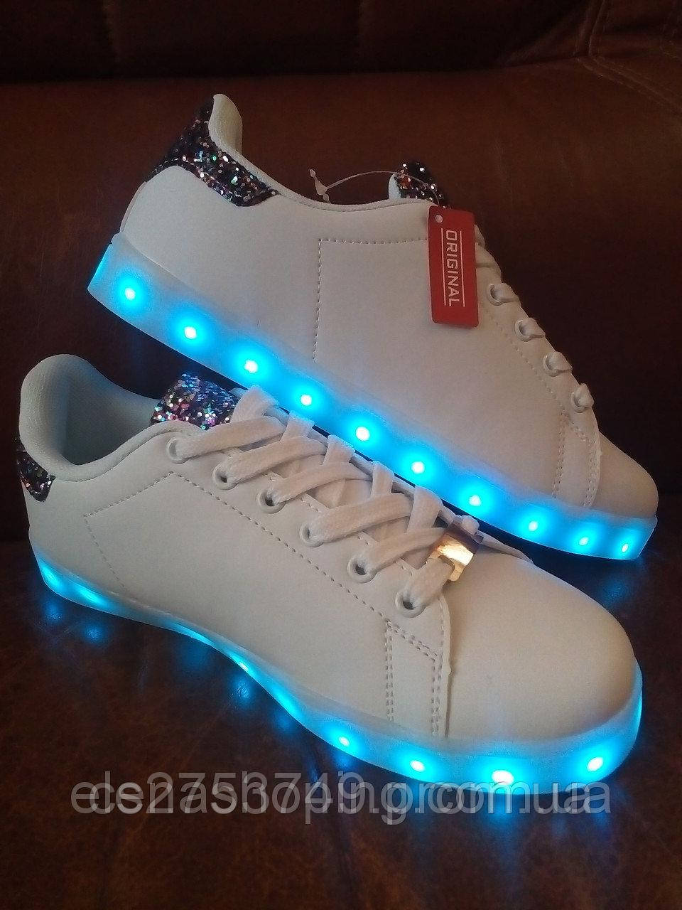Кроссовки молодежные с LED подсветкой белые. р (39-41) 41 - фото 2 - id-p556806859