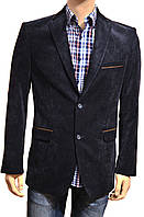 Чоловічий мікро-вельветовий піджак West Fashion, синій, з коричневими накладками на ліктях