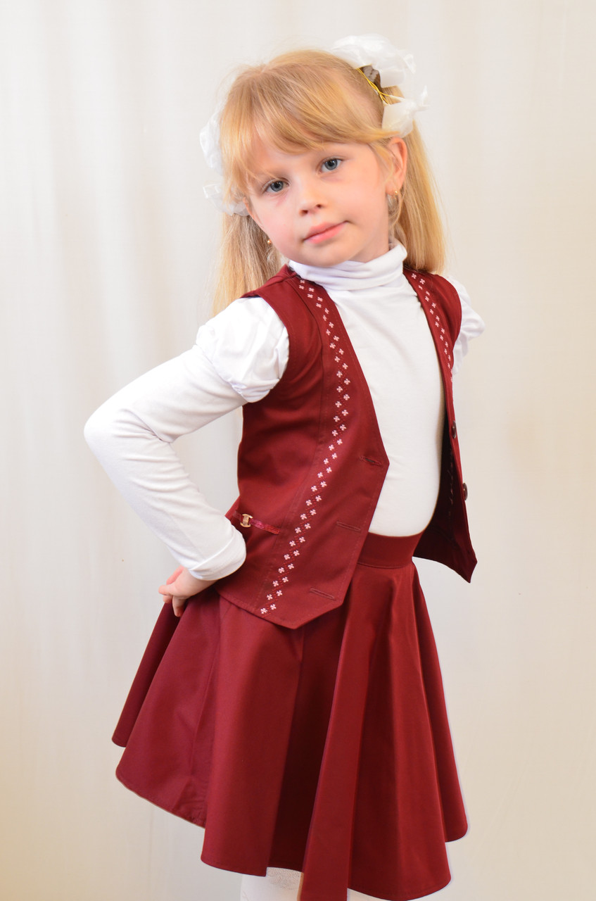 Детский школьный бордовый костюм - юбка и жилетка 116-122 - фото 4 - id-p557598406