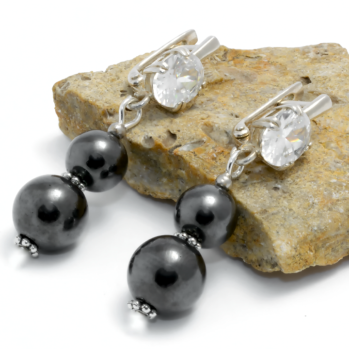 Гематит, Ø10 та Ø8 мм.; срібло, сережки, 223СРГ, фото 1