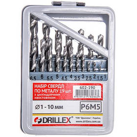 Набір свердел по металу Р6М5 19шт. 1,0-10,0 мм Drillex НСВ1910