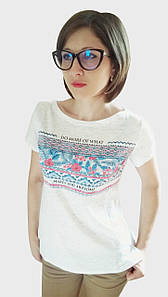 Футболка жіноча трикотажна свобідного фасону принт етно-вишивка біла