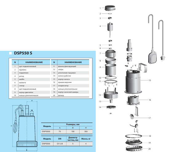 Дренажный насос Насосы+ DSP-550S (0,55 кВт, 155 л/мин) - фото 2 - id-p38185554