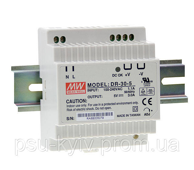 Блок живлення Mean Well DR-30-12 На DIN-рейку 24 Вт, 12 В, 2 А (AC/DC Перетворювач)