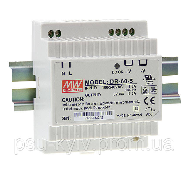 Блок живлення Mean Well DR-60-24 На DIN-рейку 60 Вт, 24 В, 2.5 А (AC/DC Перетворювач)