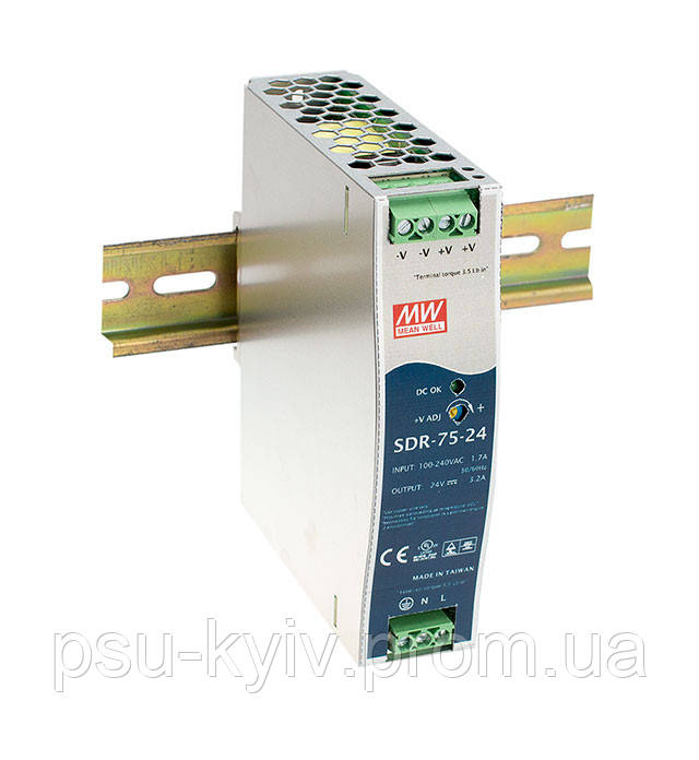 Блок живлення Mean Well SDR-75-24 На DIN-рейку 76.8 Вт, 24 В, 3.2 А (AC/DC Перетворювач)
