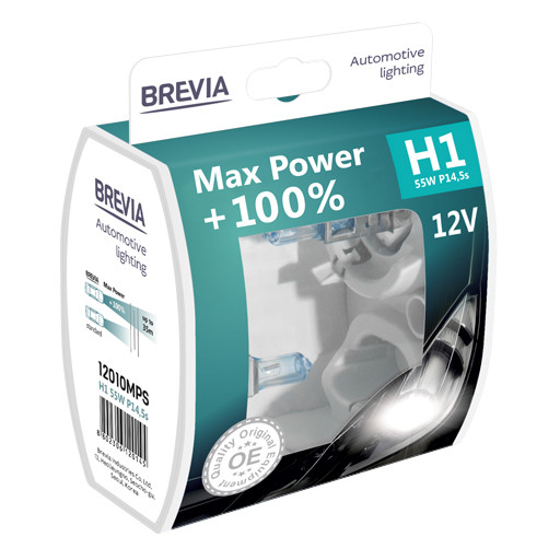 Комплект галогенових ламп Brevia H1 Max Power +100% 12v/55w