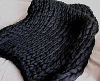 Плед ручной работы, вязанный из толстой пряжи, 100% шерсть. Цвет Черный