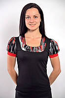 Жіноча чорна кофточка футболка з ліхтариками з тонкого трикотажу, Блуза 574421. 44