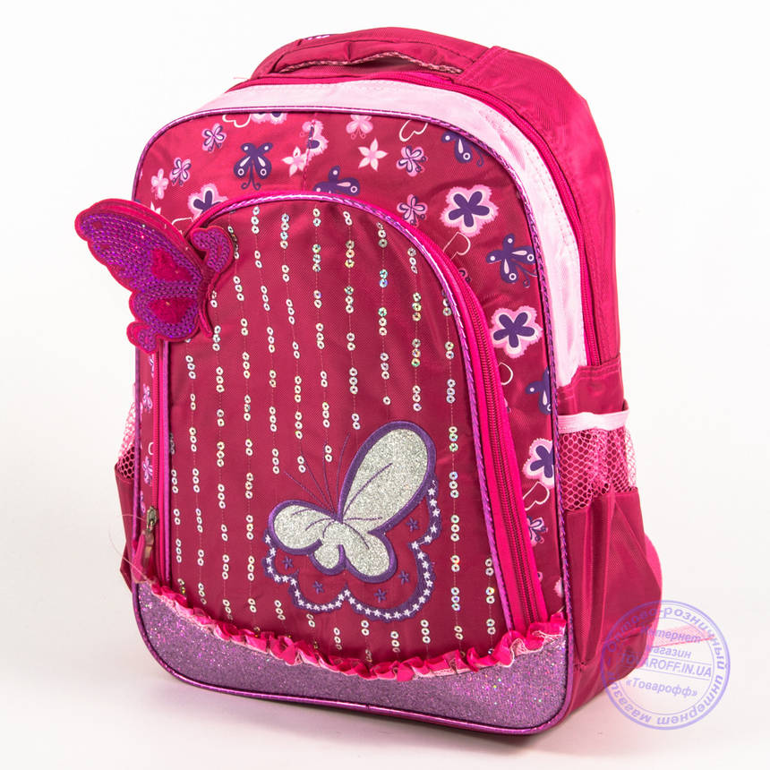 Оптом шкільний рюкзак для дівчаток з метеликом - червоний - 151, фото 2
