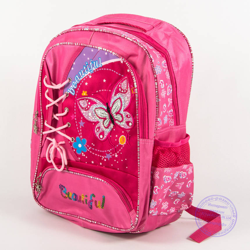 Оптом шкільний рюкзак для дівчаток з метеликом - рожевий - 148, фото 2