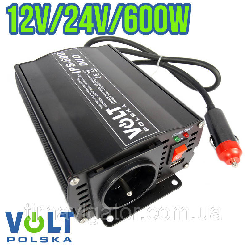 Інвертор автомобільний VOLT DUO 12/24V-220V IPS-300/600 (600W max)