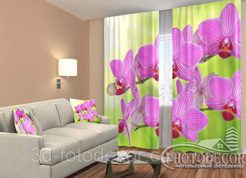 Фото Штори "Гілочки малинових орхідей" 2,5м*2,9м (2 полотна по 1,45м), тасьма