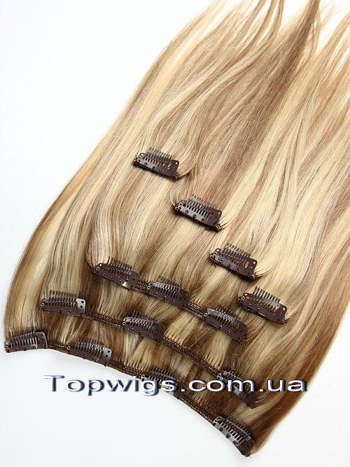 Натуральне волосся на заколках, треси 7 пасм у наборі: колір 12-26 світло-русяве мелірування