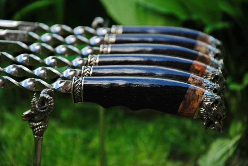 Набор шампуров "Стая" 47см с ручкой из красного дерева со вставкой из мореного дуба, фото 1