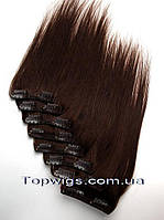 Натуральные волосы на заколках, трессы 8 прядей в наборе: цвет 3 темно-каштановый