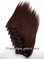 Натуральные волосы на заколках, трессы 8 прядей в наборе: цвет 9 темно-каштановый