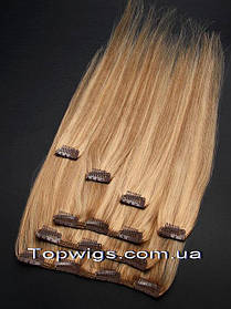 Натуральне волосся на заколках, треси 7 пасм у наборі: колір 12-24 русяве мелірування