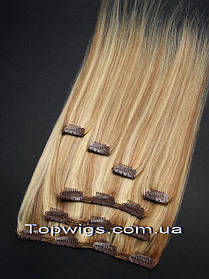 Натуральне волосся на заколках, треси 7 пасм у наборі: колір 12-26 світло-русяве мелірування