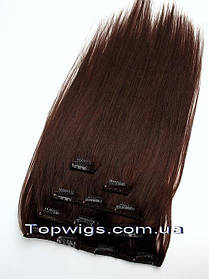 Натуральне волосся на заколках, треси 5 пасм у наборі: колір 9 темно-каштановий