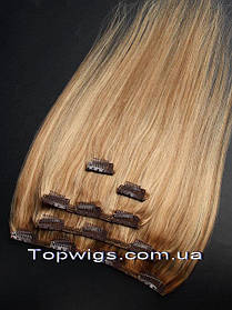 Натуральне волосся на заколках, треси 5 пасм у наборі: колір 12-24 русявий мелірування