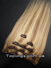 Натуральне волосся на заколках, треси 5 пасм у наборі: колір 12-26 світло-русявий мелірування